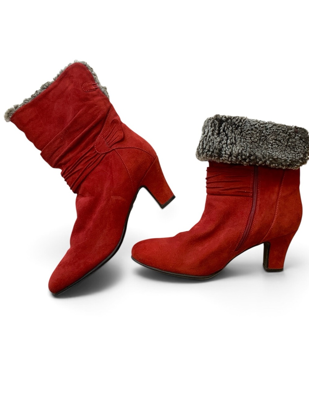 Red Suede NWOT Mid-Heel Wool Lined Cuffed Ankle Boots Waterproof